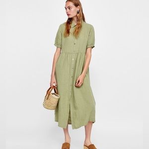 Zara | Dresses | Zara Woman Premium Denim Linen Dress Olive Green Midi  Button Front M | Poshmark